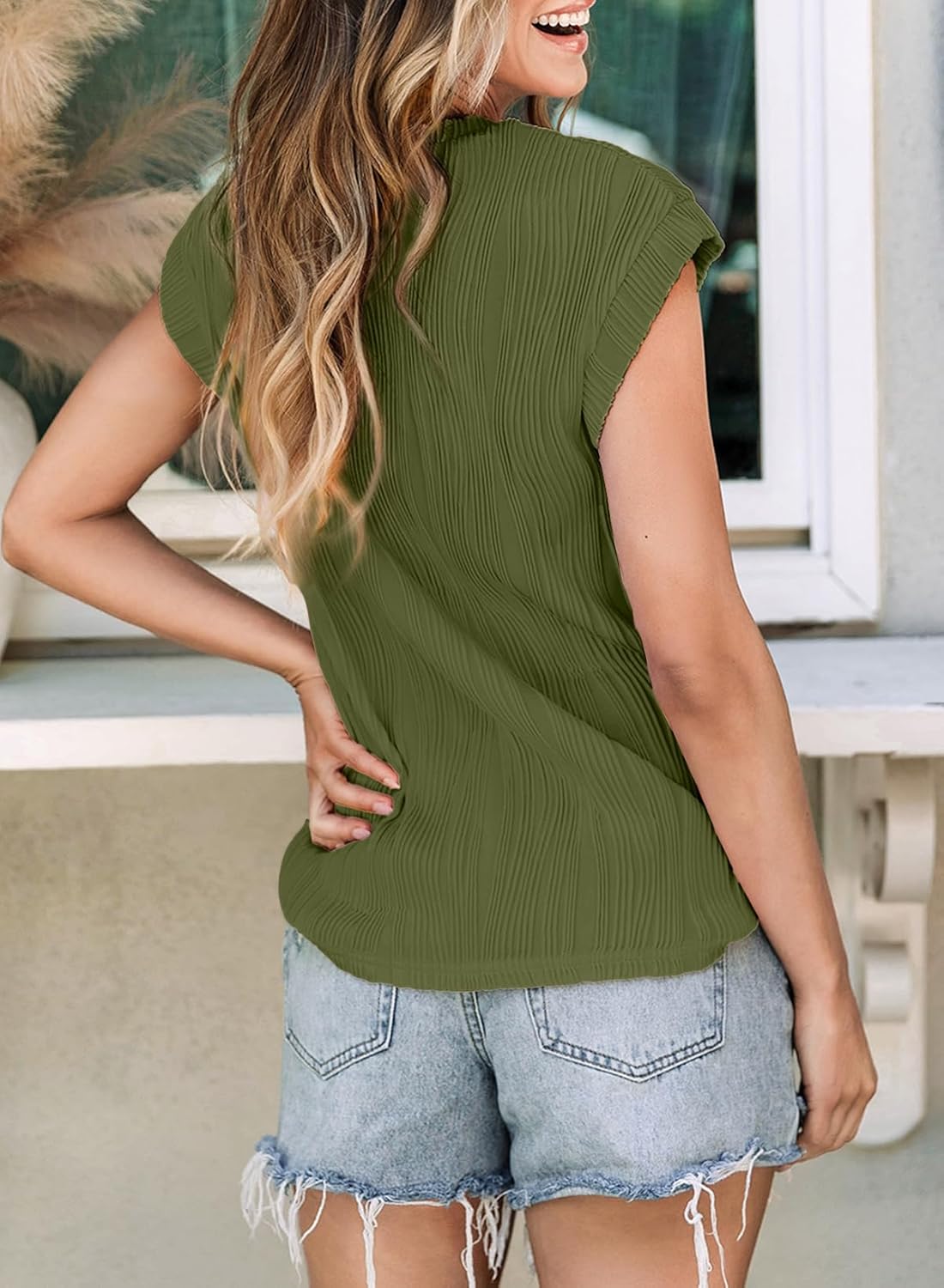 Camisetas básicas informales sueltas lisas tejidas cuello redondo texturizadas de manga corta para mujer - Imagen 50 de 122