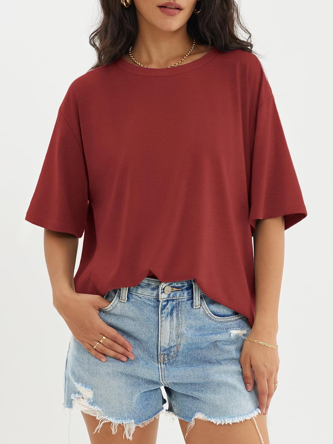 Womens Oversized Crewneck T-Shirts Loose Fit Short Sleeve Casual Tops for Summer - Picture 88 of 153