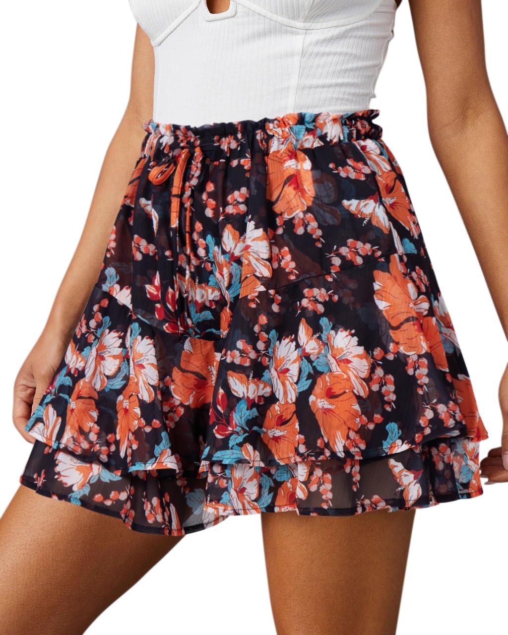 Women's Flowy Shorts Casual Boho Floral Ruffle Mini Skorts for Running Tennis - Picture 35 of 145