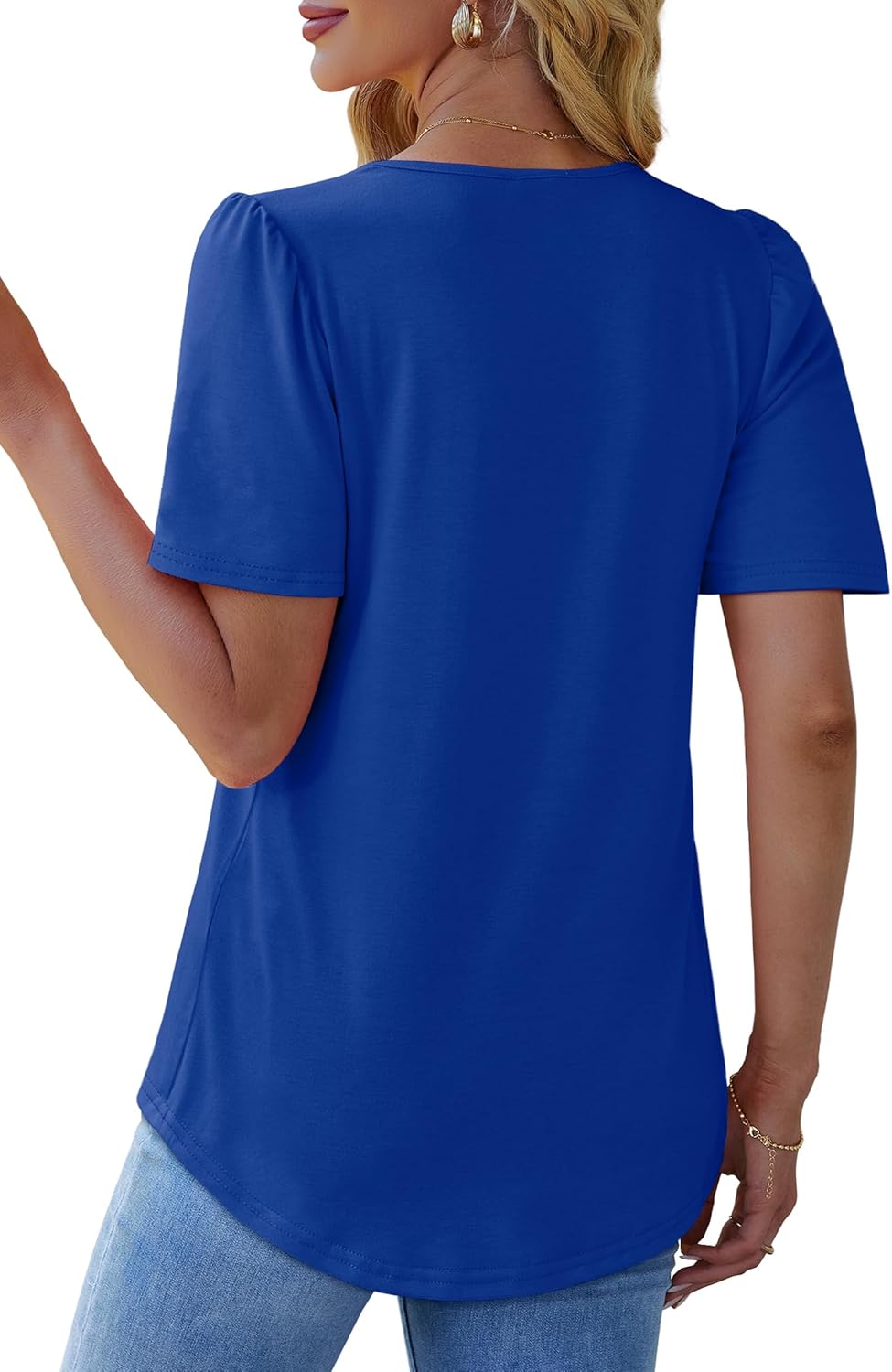 Womens Pleated Square Neck T-Shirts Puff Short Sleeve Casual Summer Tops - Picture 67 of 77