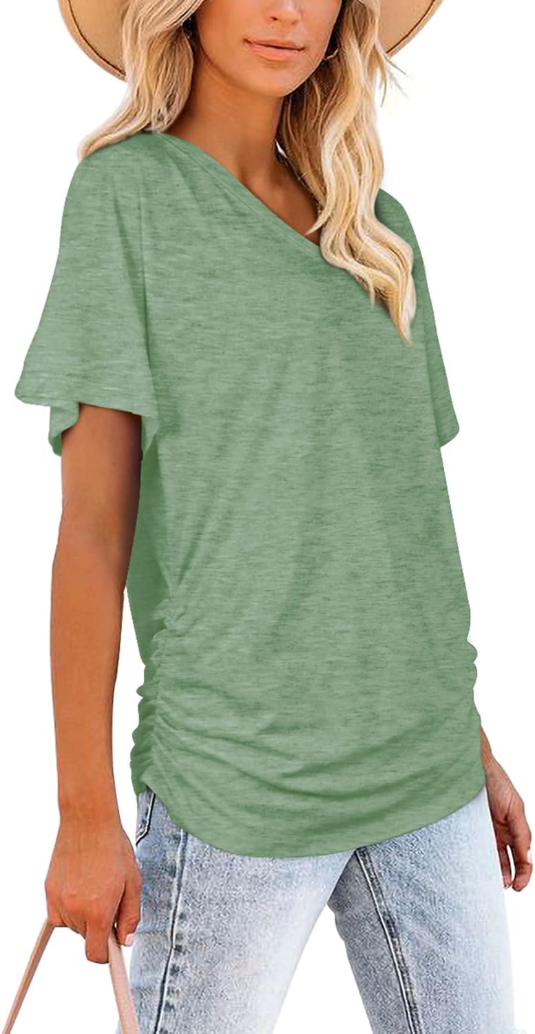 Women's Short Sleeve V Neck Dolman Tops with Side Shirring Loose Fit Shirts - Picture 67 of 138