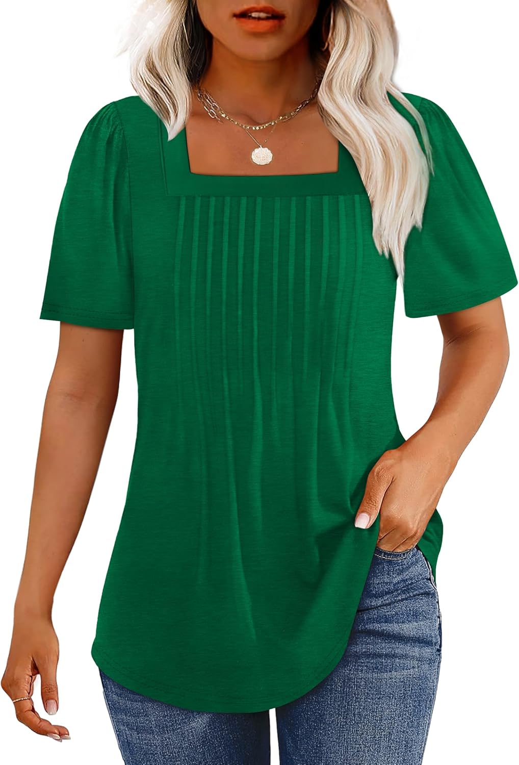 Womens Pleated Square Neck T-Shirts Puff Short Sleeve Casual Summer Tops - Picture 68 of 77