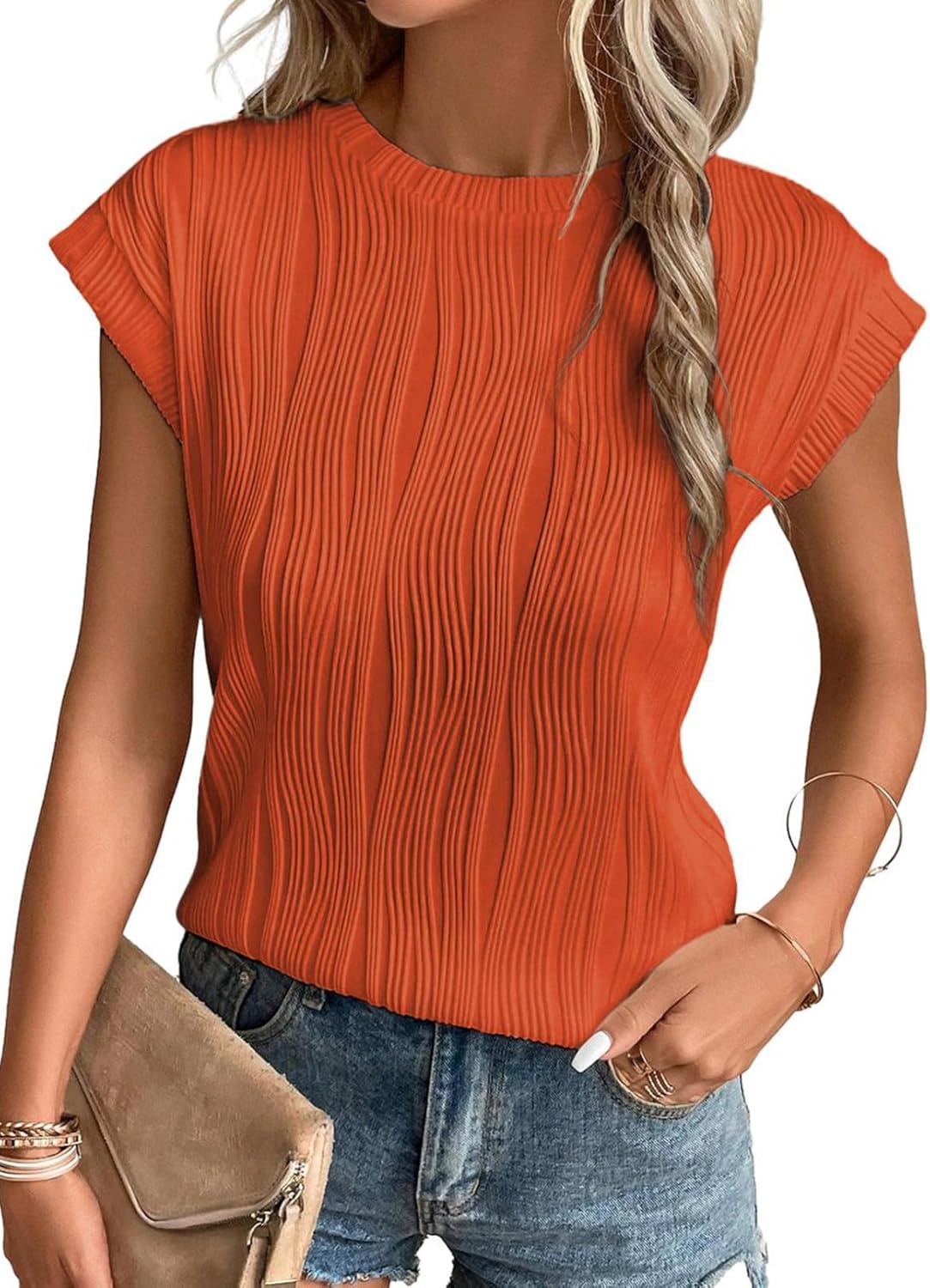 Camisetas básicas informales sueltas lisas tejidas cuello redondo texturizadas de manga corta para mujer - Imagen 56 de 122