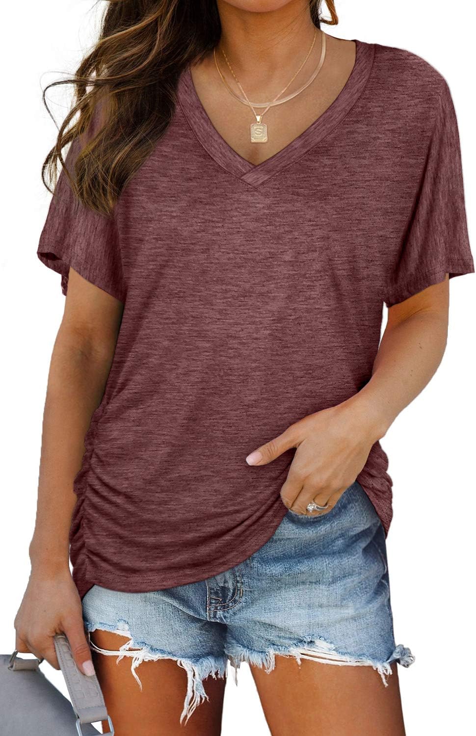 Women's Short Sleeve V Neck Dolman Tops with Side Shirring Loose Fit Shirts - Picture 69 of 138