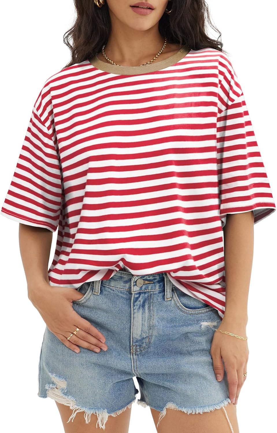Womens Oversized Crewneck T-Shirts Loose Fit Short Sleeve Casual Tops for Summer - Picture 94 of 153