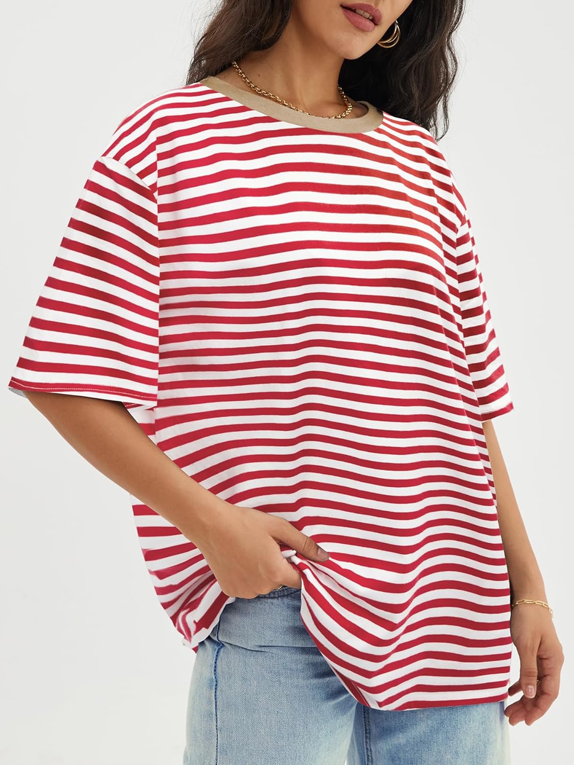 Womens Oversized Crewneck T-Shirts Loose Fit Short Sleeve Casual Tops for Summer - Picture 95 of 153