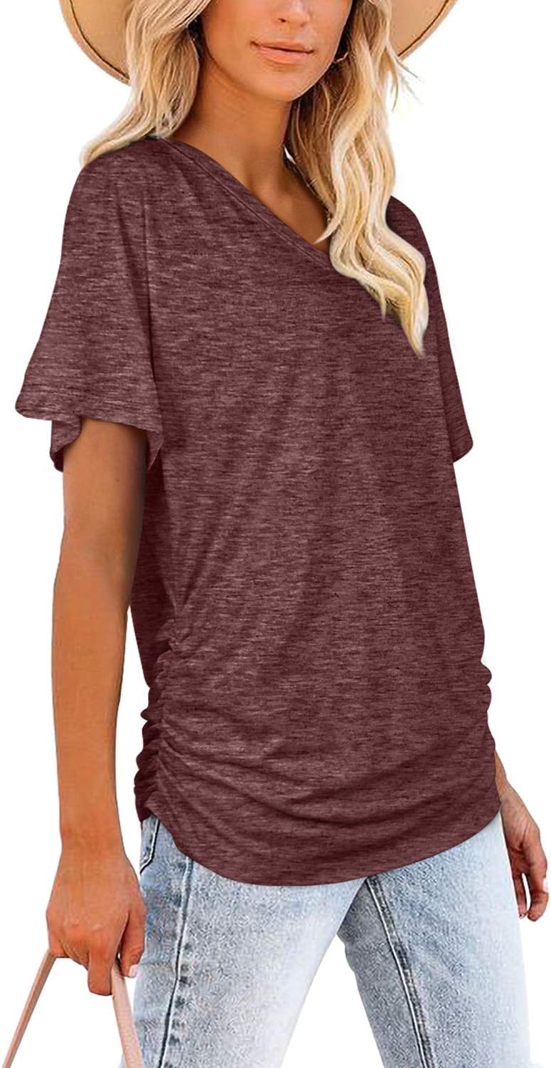 Women's Short Sleeve V Neck Dolman Tops with Side Shirring Loose Fit Shirts - Picture 71 of 138