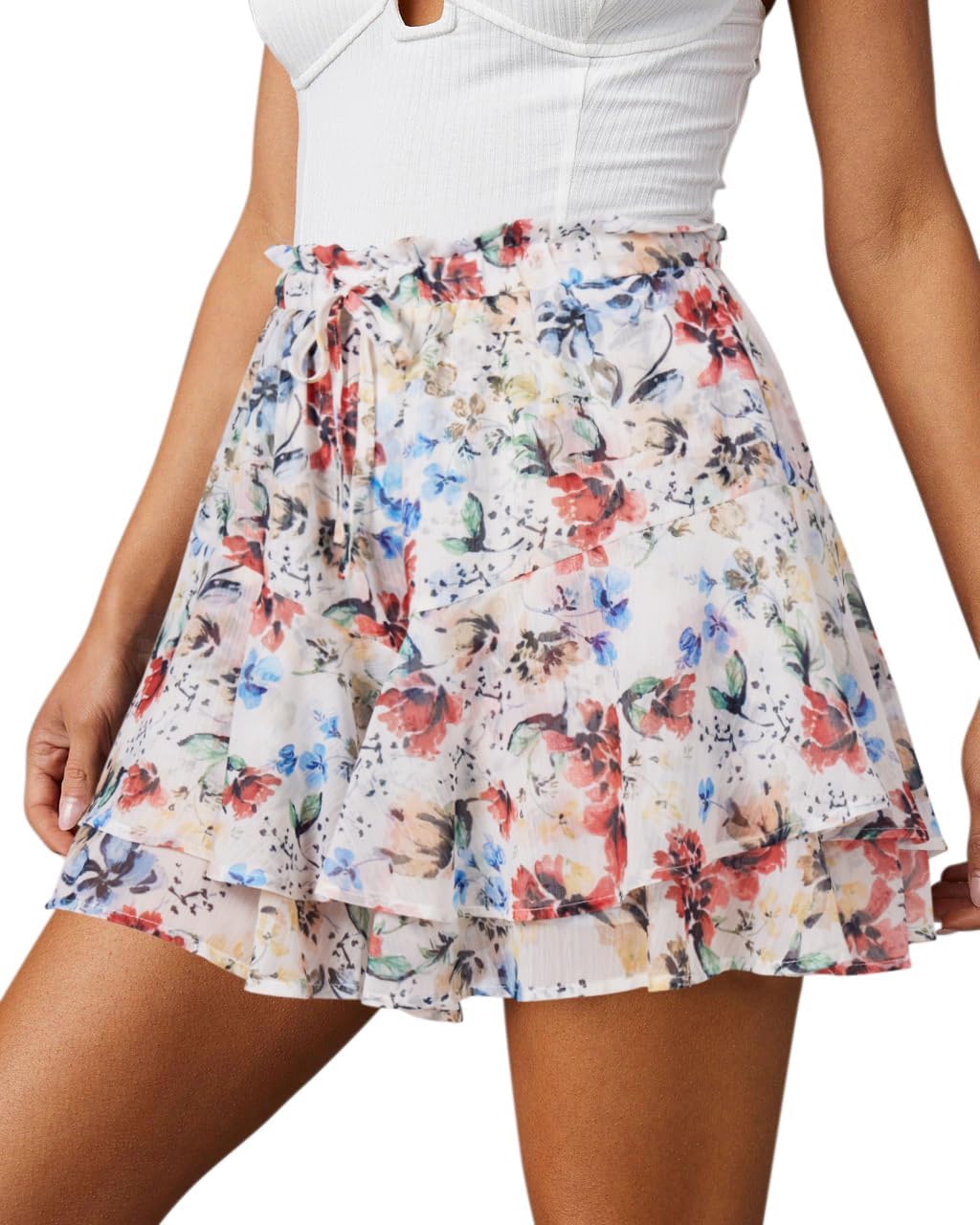 Women's Flowy Shorts Casual Boho Floral Ruffle Mini Skorts for Running Tennis - Picture 40 of 145