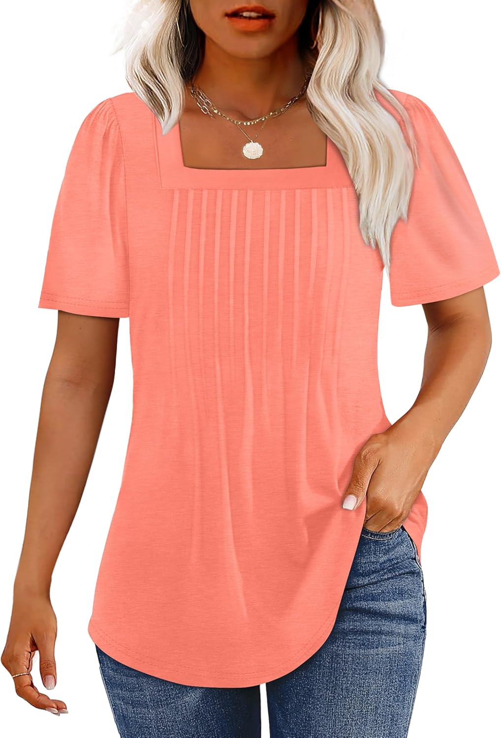 Womens Pleated Square Neck T-Shirts Puff Short Sleeve Casual Summer Tops - Picture 73 of 77
