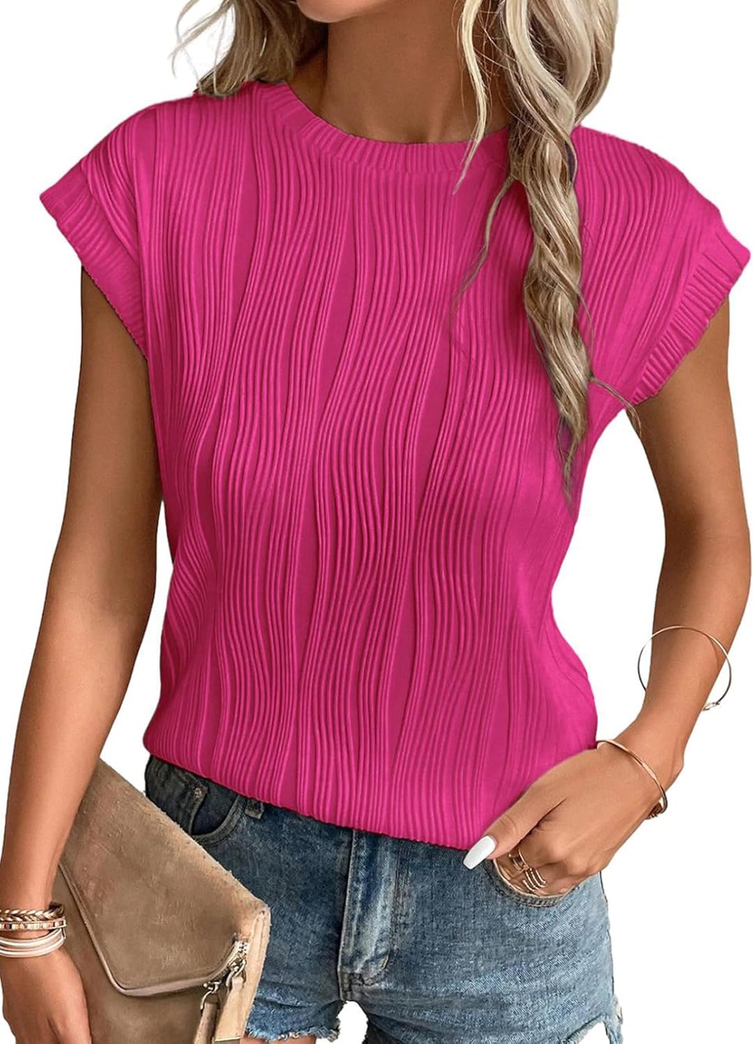 Camisetas básicas informales sueltas lisas tejidas cuello redondo texturizadas de manga corta para mujer - Imagen 64 de 122