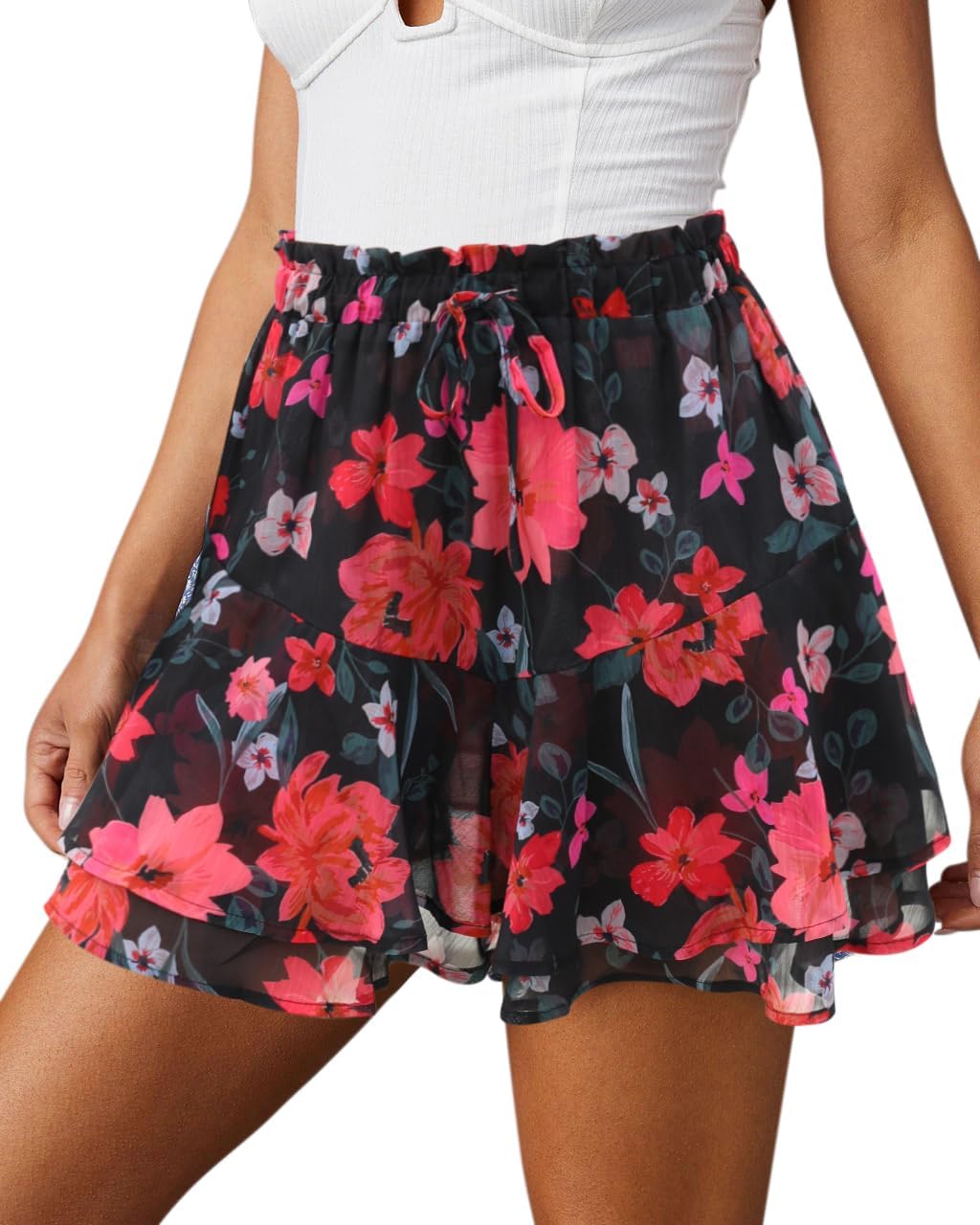 Women's Flowy Shorts Casual Boho Floral Ruffle Mini Skorts for Running Tennis - Picture 42 of 145