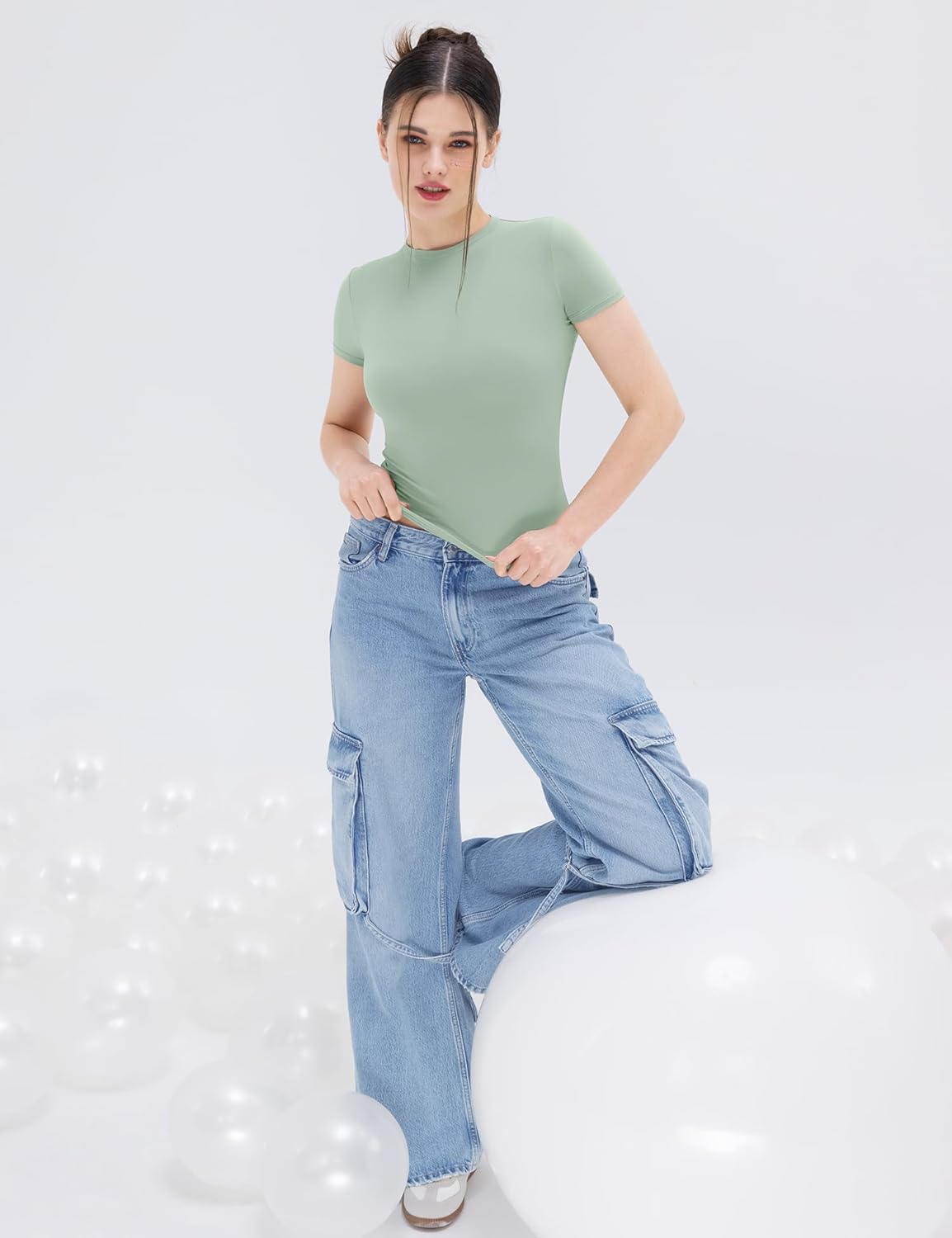Damen Rundhals Kurzarm Tops doppelt gefüttert Slim Fit T-Shirts Basic T-Shirts - Bild 83 von 89