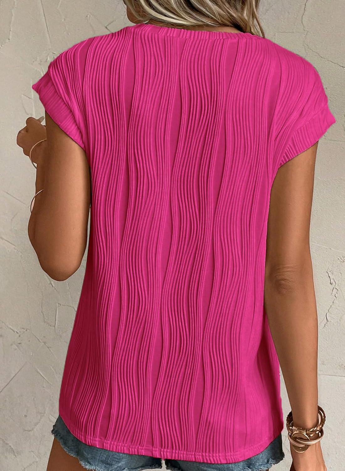 Camisetas básicas informales sueltas lisas tejidas cuello redondo texturizadas de manga corta para mujer - Imagen 66 de 122
