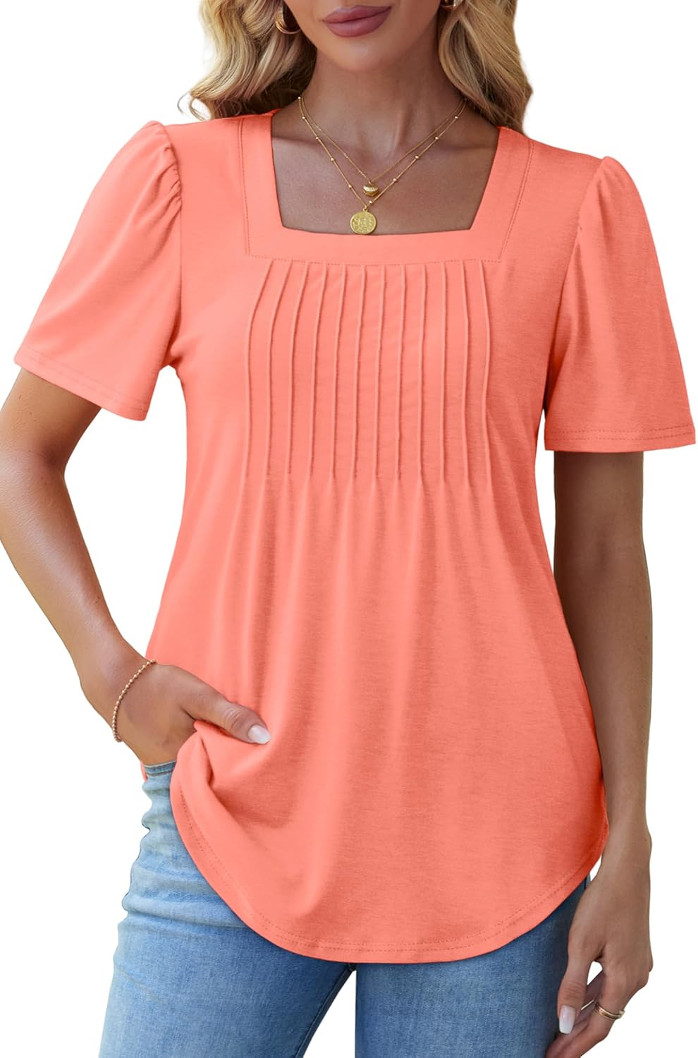 Womens Pleated Square Neck T-Shirts Puff Short Sleeve Casual Summer Tops - Picture 75 of 77