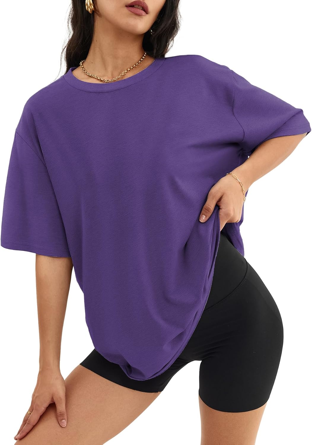 Womens Oversized Crewneck T-Shirts Loose Fit Short Sleeve Casual Tops for Summer - Picture 98 of 153