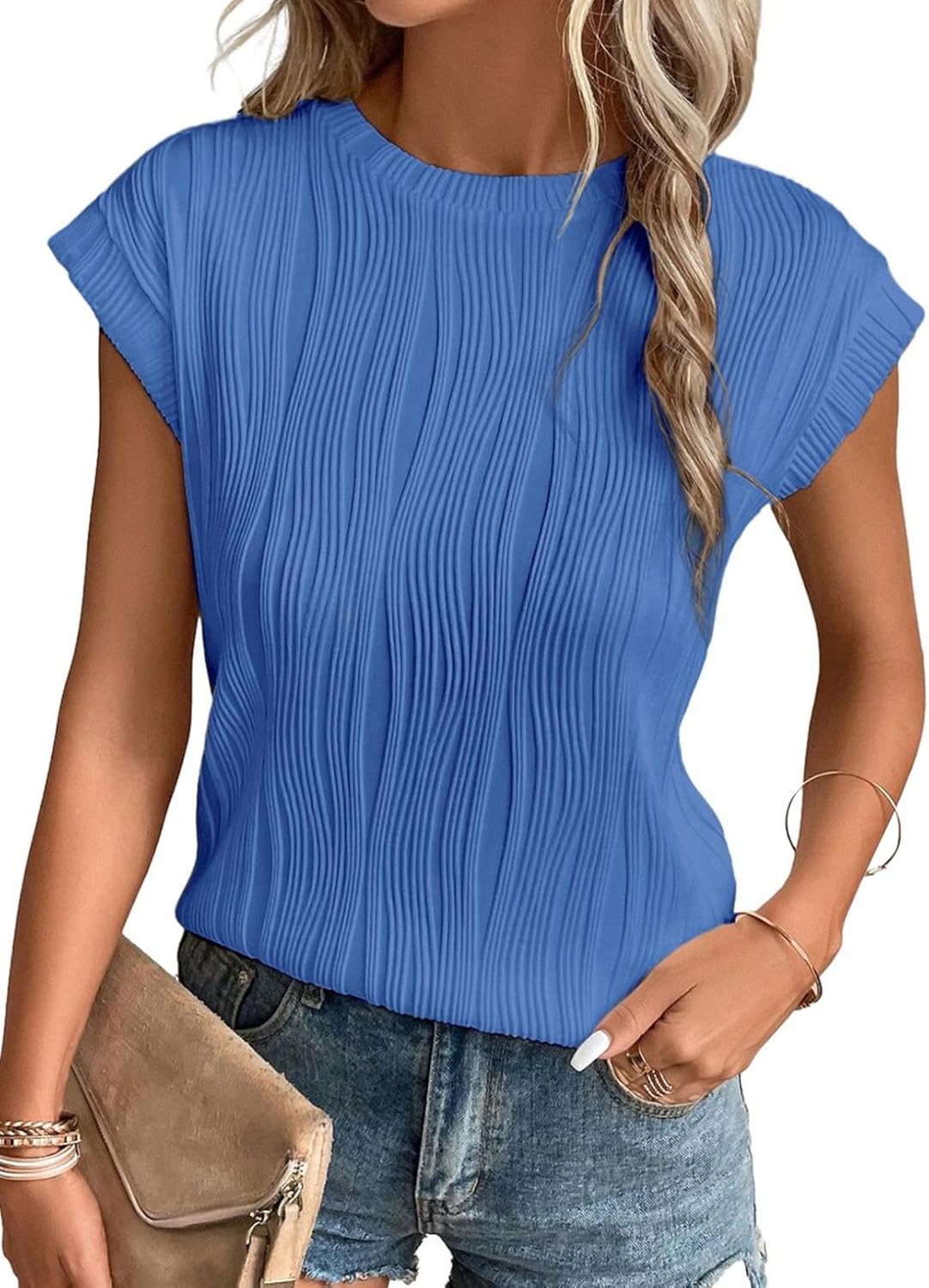 Camisetas básicas informales sueltas lisas tejidas cuello redondo texturizadas de manga corta para mujer - Imagen 68 de 122