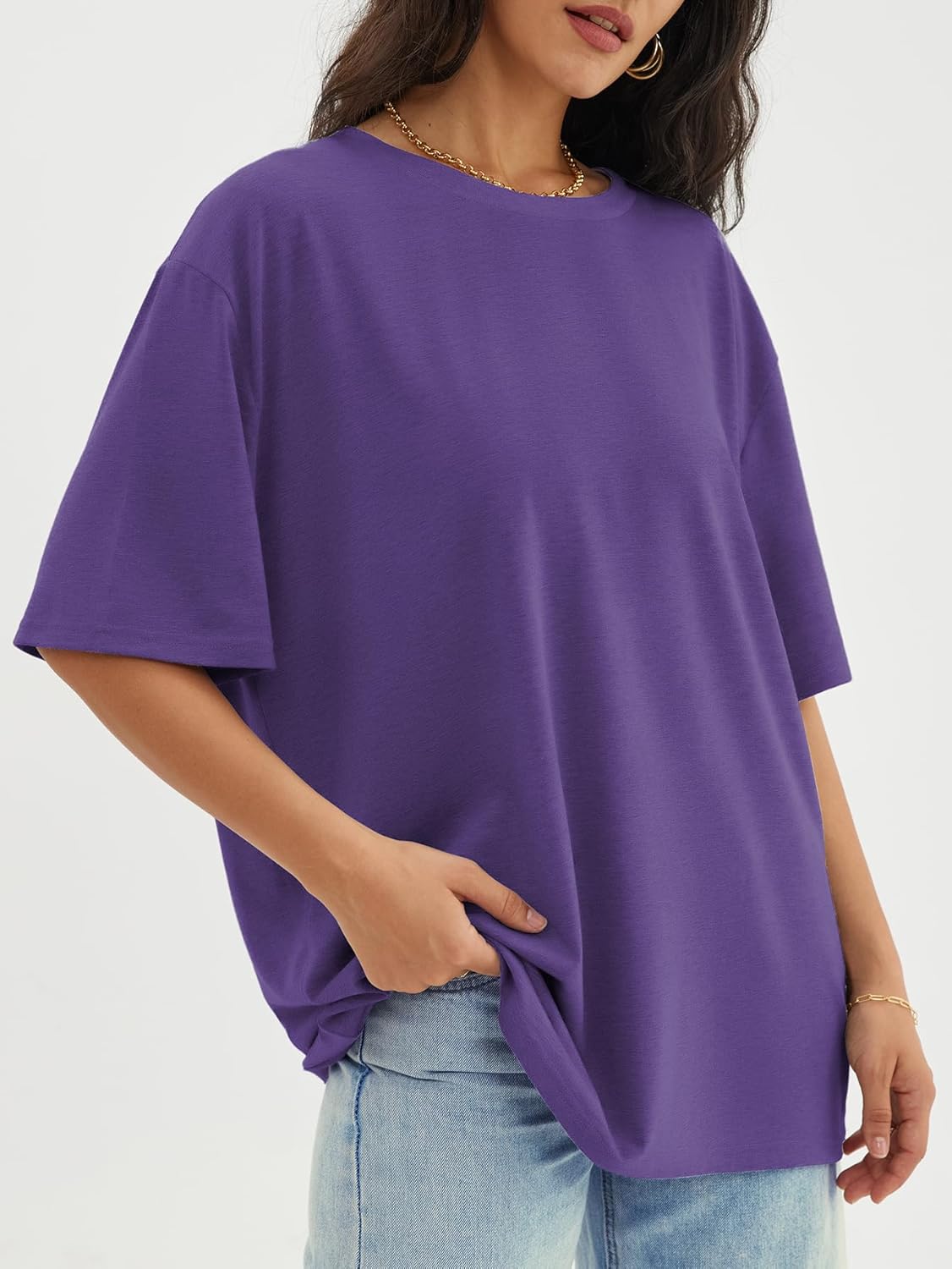 Womens Oversized Crewneck T-Shirts Loose Fit Short Sleeve Casual Tops for Summer - Picture 100 of 153