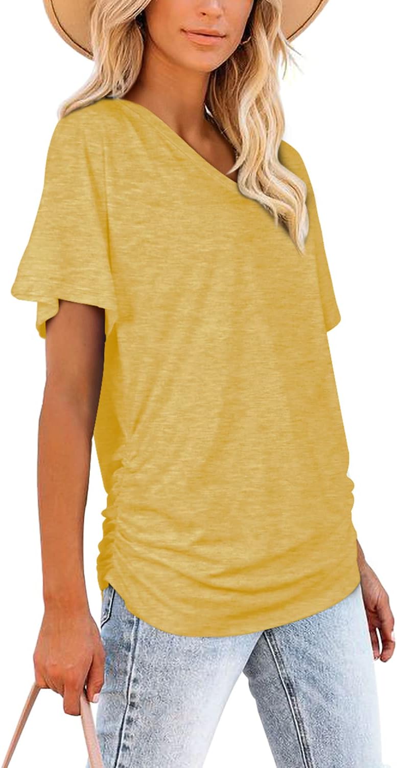Women's Short Sleeve V Neck Dolman Tops with Side Shirring Loose Fit Shirts - Picture 76 of 138