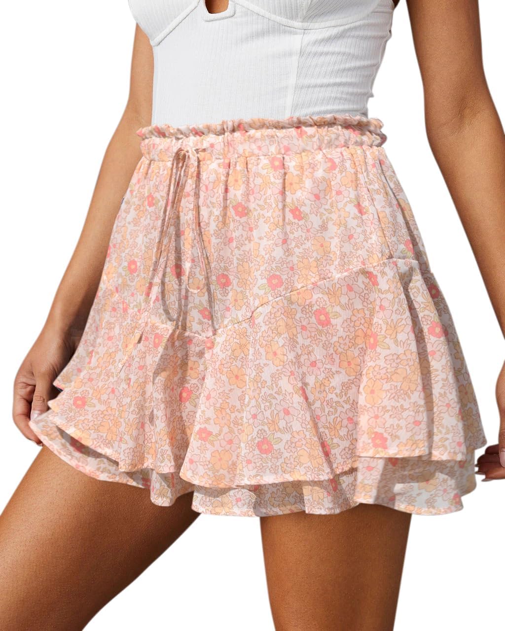 Women's Flowy Shorts Casual Boho Floral Ruffle Mini Skorts for Running Tennis - Picture 47 of 145