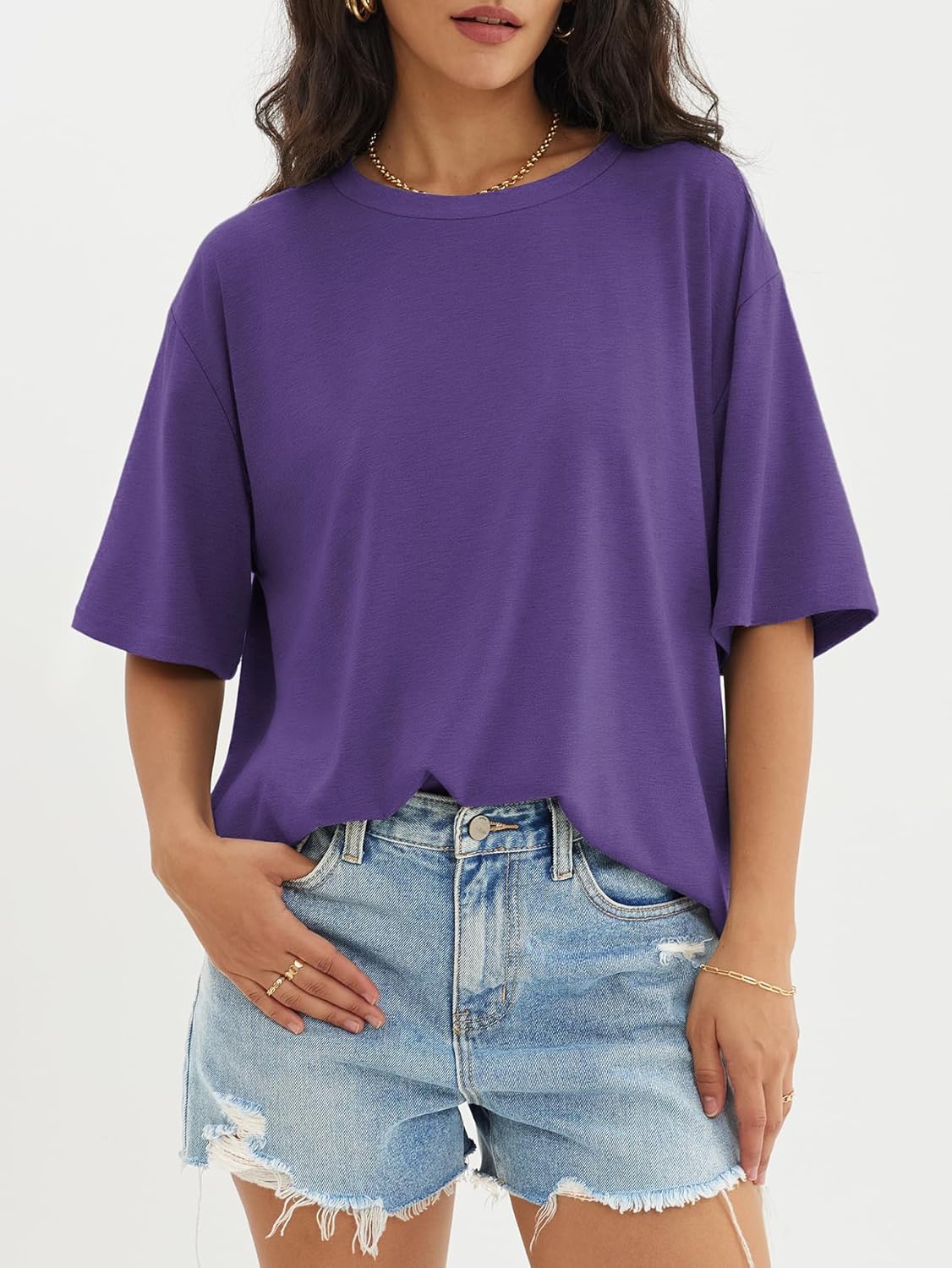 Womens Oversized Crewneck T-Shirts Loose Fit Short Sleeve Casual Tops for Summer - Picture 102 of 153