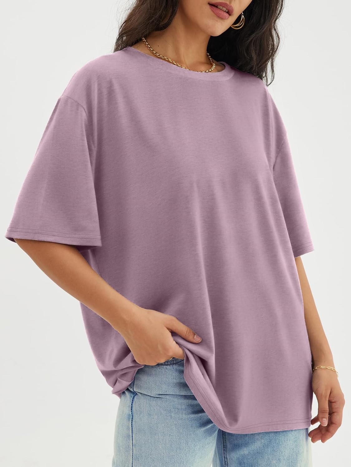 Womens Oversized Crewneck T-Shirts Loose Fit Short Sleeve Casual Tops for Summer - Picture 105 of 153