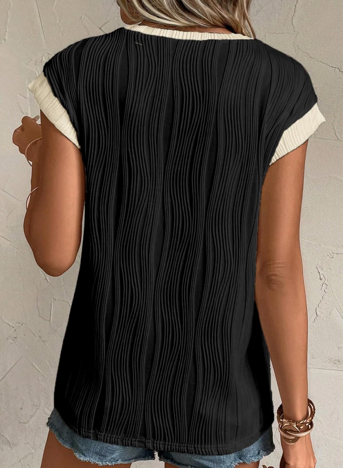 Camisetas básicas informales sueltas lisas tejidas cuello redondo texturizadas de manga corta para mujer - Imagen 78 de 122
