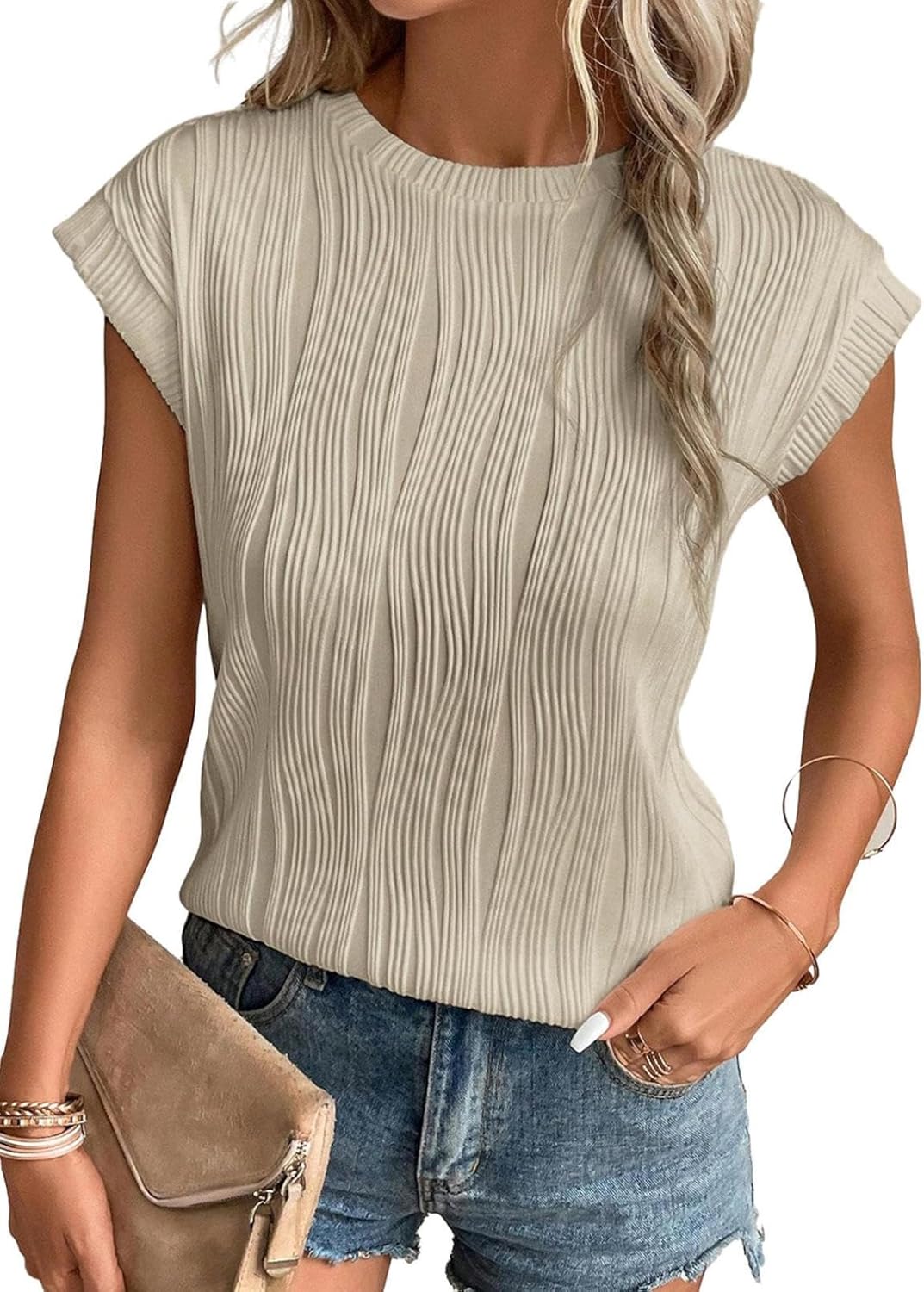 Camisetas básicas informales sueltas lisas tejidas cuello redondo texturizadas de manga corta para mujer - Imagen 80 de 122