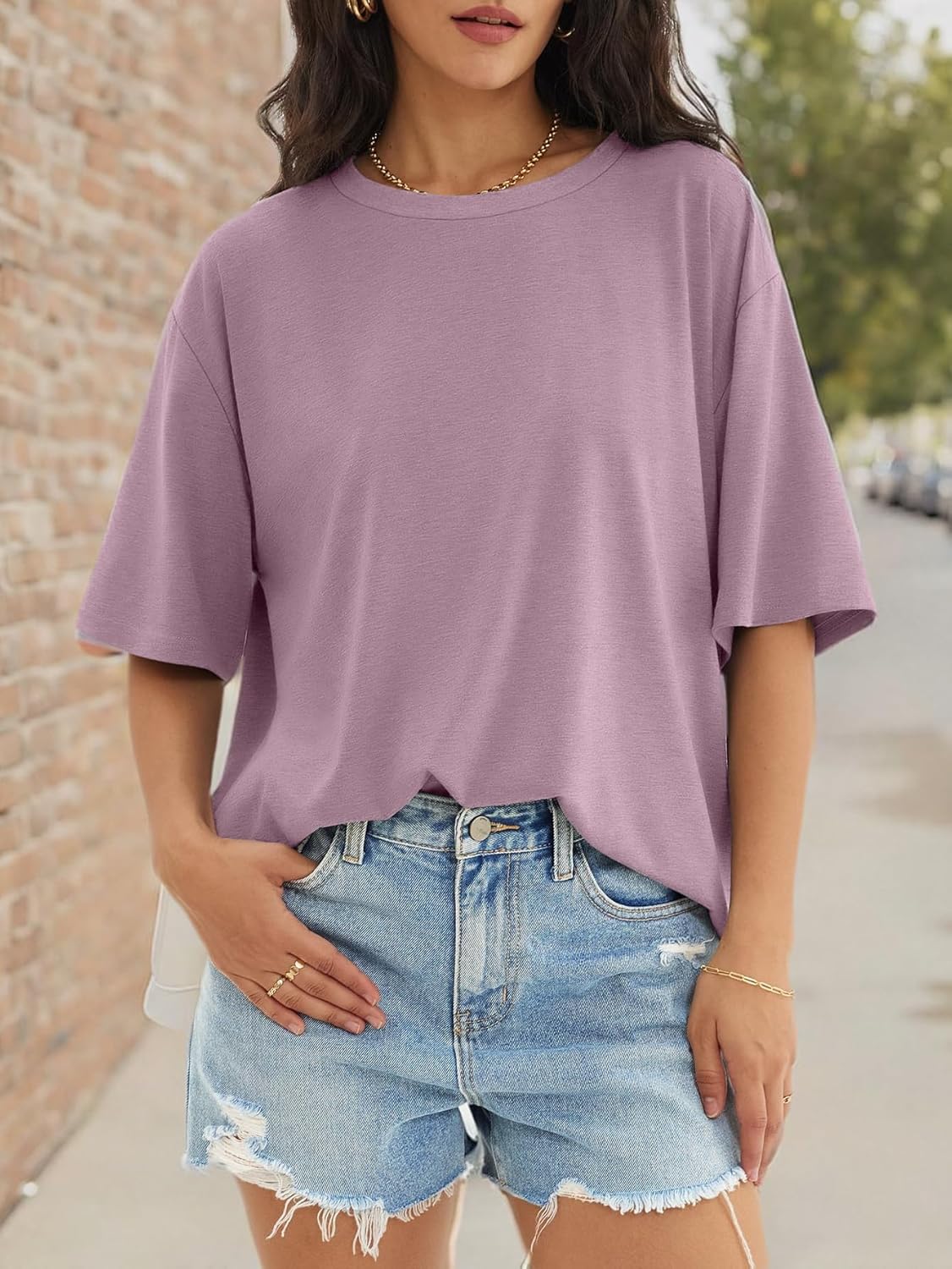 Womens Oversized Crewneck T-Shirts Loose Fit Short Sleeve Casual Tops for Summer - Picture 108 of 153