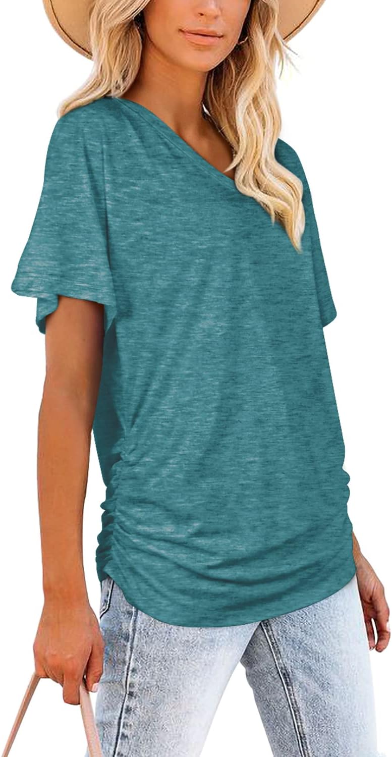 Women's Short Sleeve V Neck Dolman Tops with Side Shirring Loose Fit Shirts - Picture 85 of 138