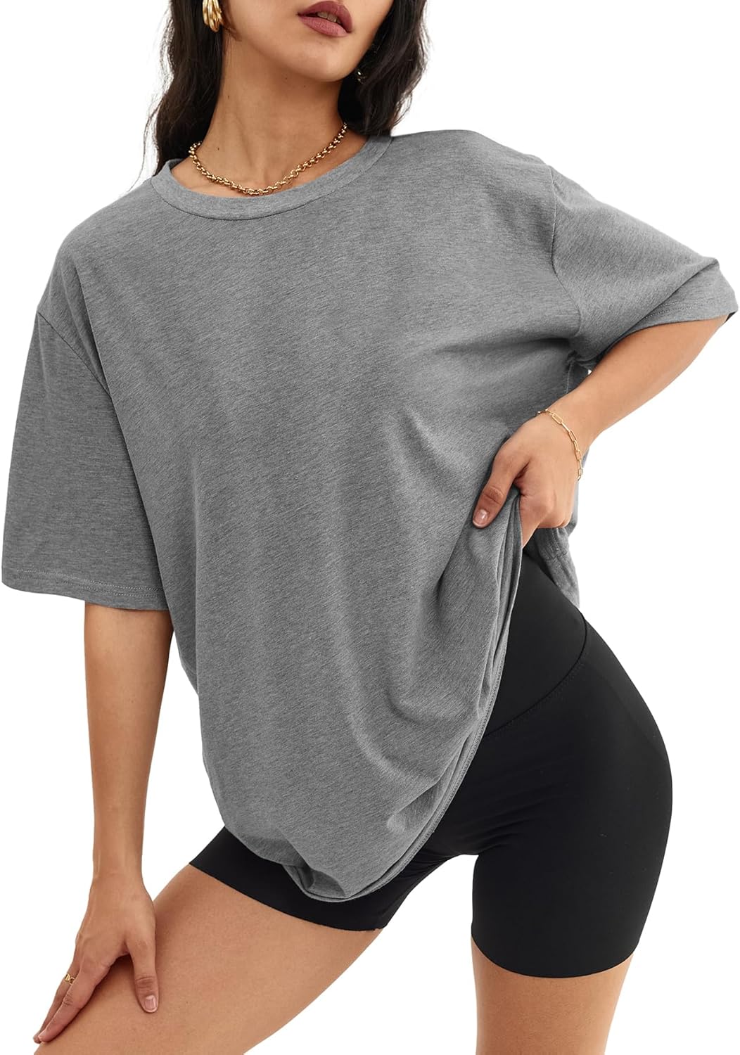 Womens Oversized Crewneck T-Shirts Loose Fit Short Sleeve Casual Tops for Summer - Picture 109 of 153