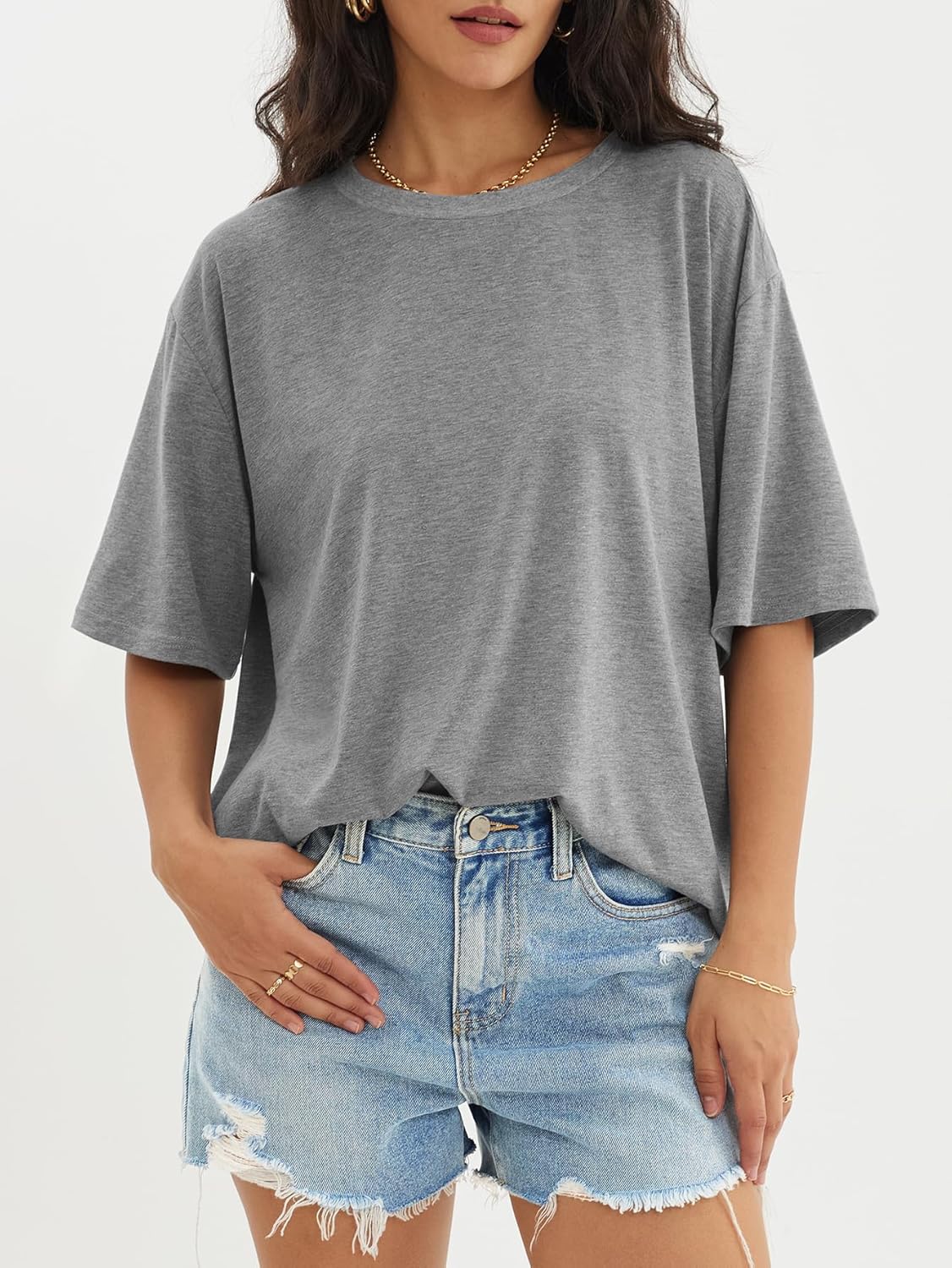 Womens Oversized Crewneck T-Shirts Loose Fit Short Sleeve Casual Tops for Summer - Picture 112 of 153