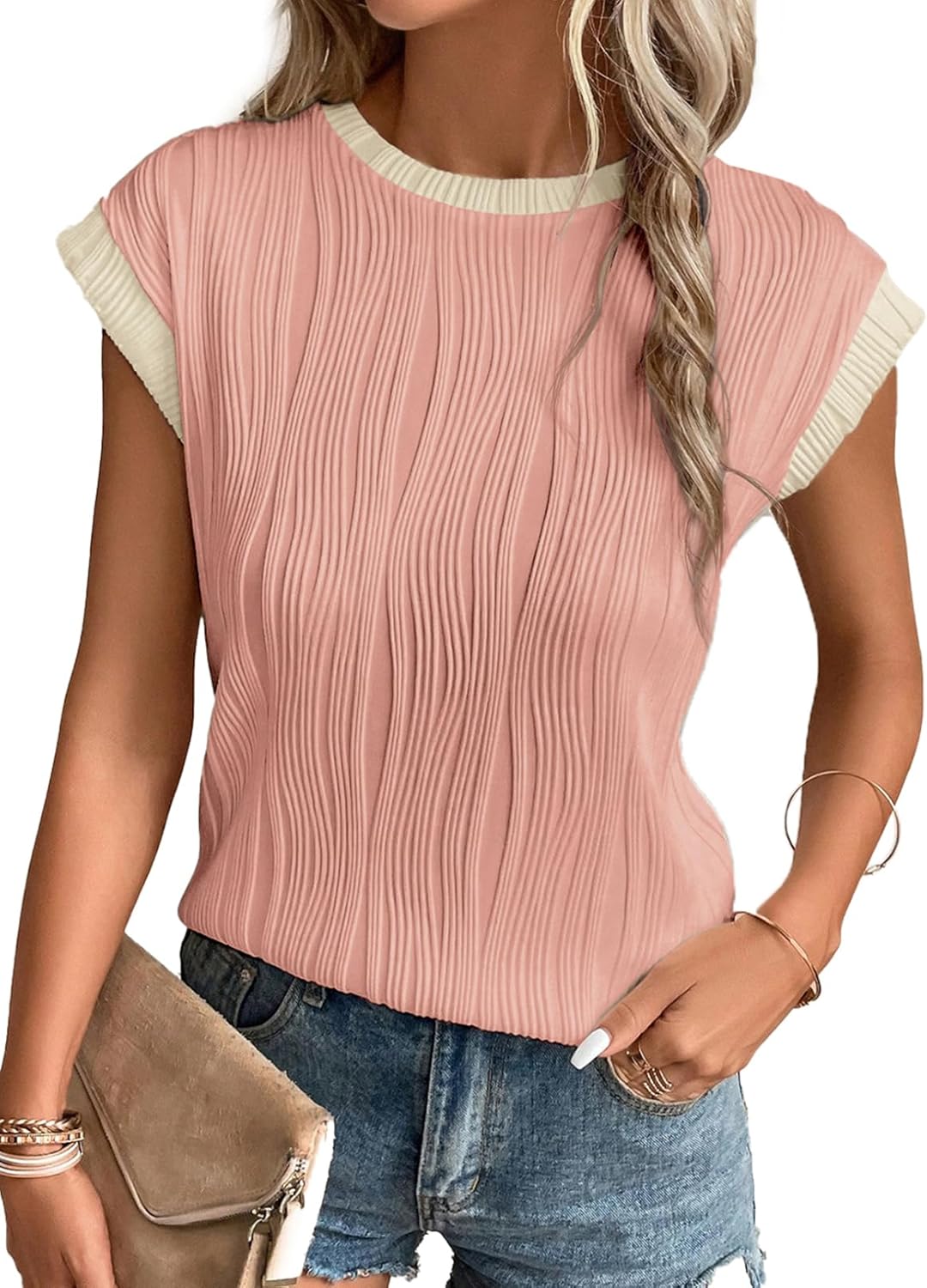 Camisetas básicas informales sueltas lisas tejidas cuello redondo texturizadas de manga corta para mujer - Imagen 85 de 122