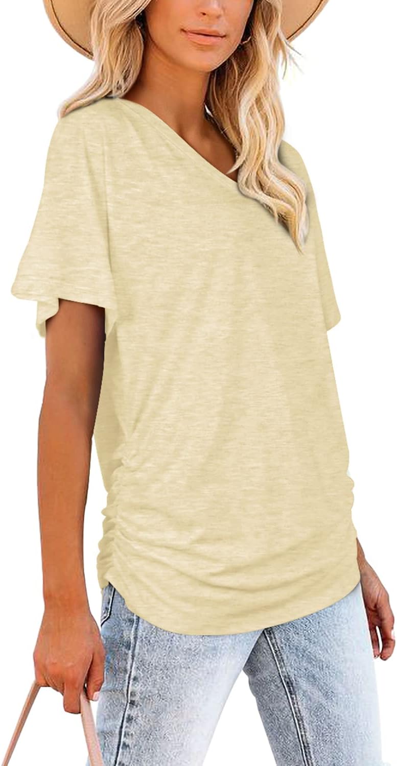 Women's Short Sleeve V Neck Dolman Tops with Side Shirring Loose Fit Shirts - Picture 89 of 138