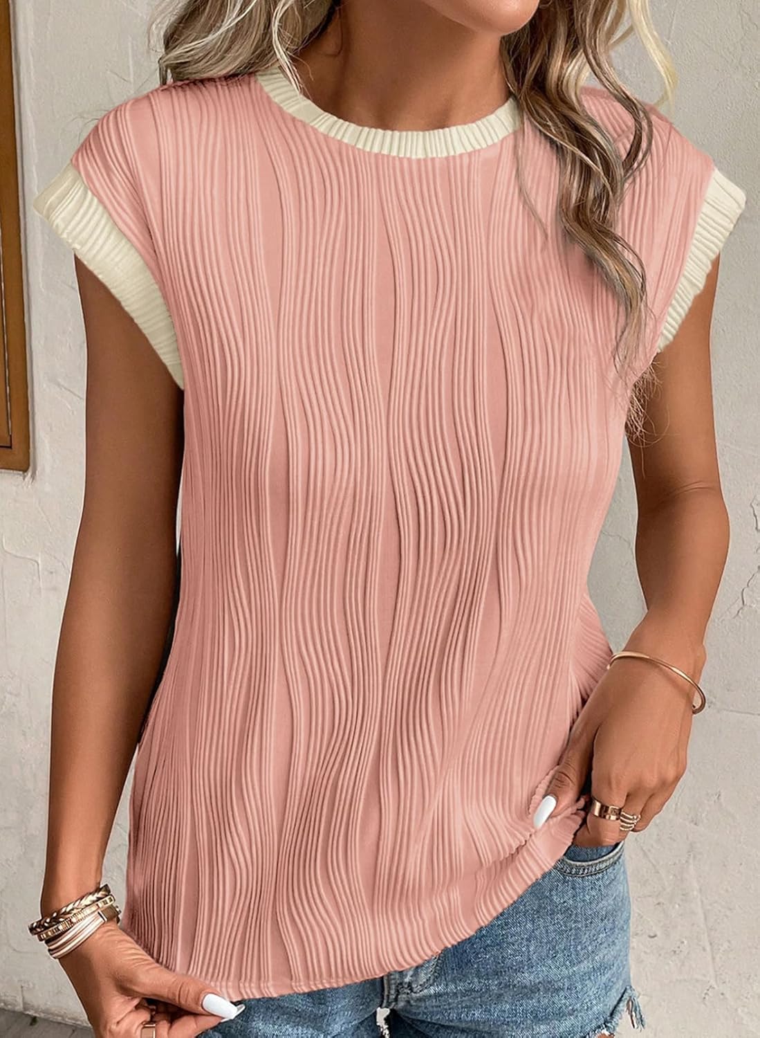 Camisetas básicas informales sueltas lisas tejidas cuello redondo texturizadas de manga corta para mujer - Imagen 87 de 122