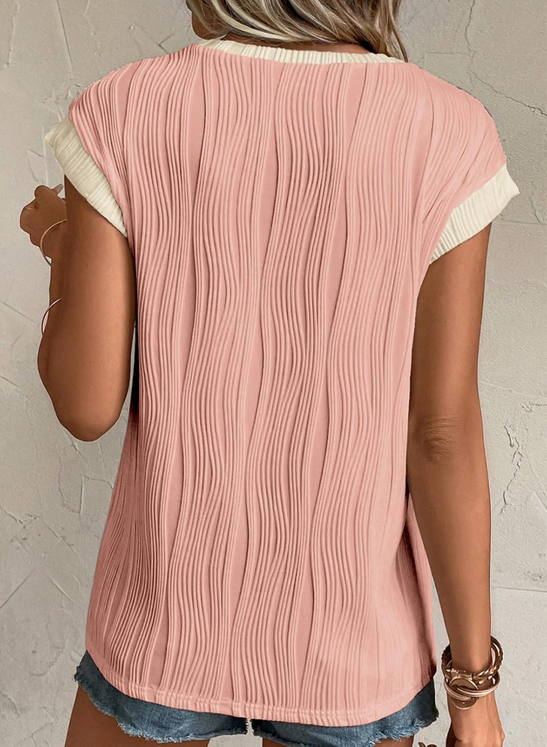 Camisetas básicas informales sueltas lisas tejidas cuello redondo texturizadas de manga corta para mujer - Imagen 88 de 122