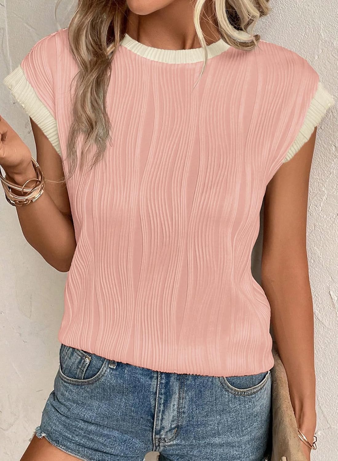 Camisetas básicas informales sueltas lisas tejidas cuello redondo texturizadas de manga corta para mujer - Imagen 89 de 122