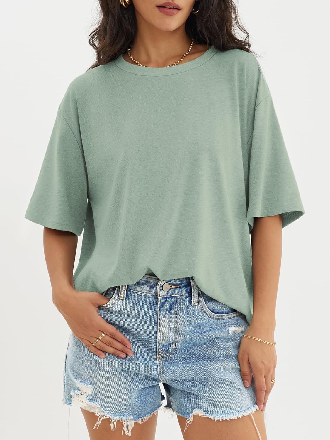 Womens Oversized Crewneck T-Shirts Loose Fit Short Sleeve Casual Tops for Summer - Picture 117 of 153