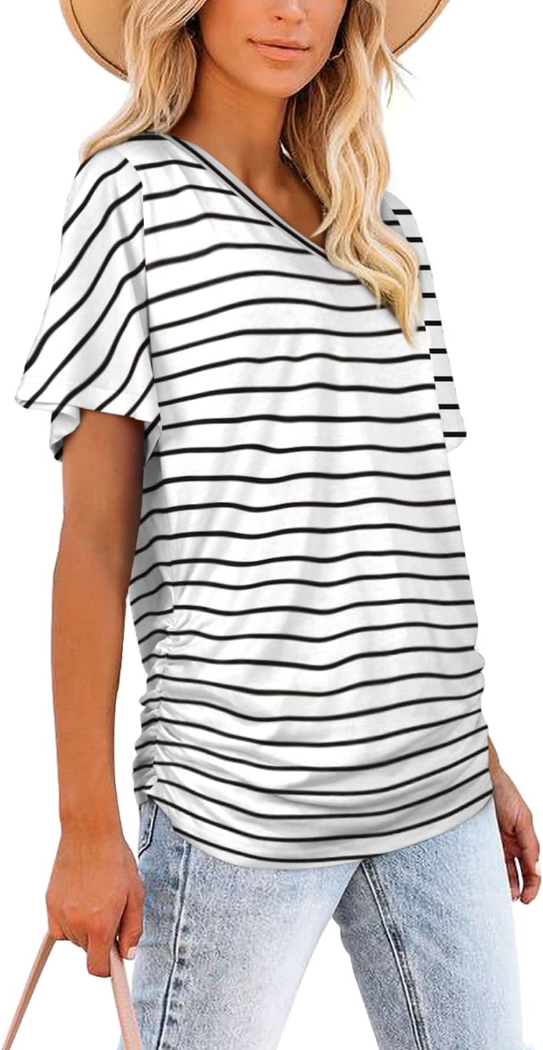 Women's Short Sleeve V Neck Dolman Tops with Side Shirring Loose Fit Shirts - Picture 93 of 138