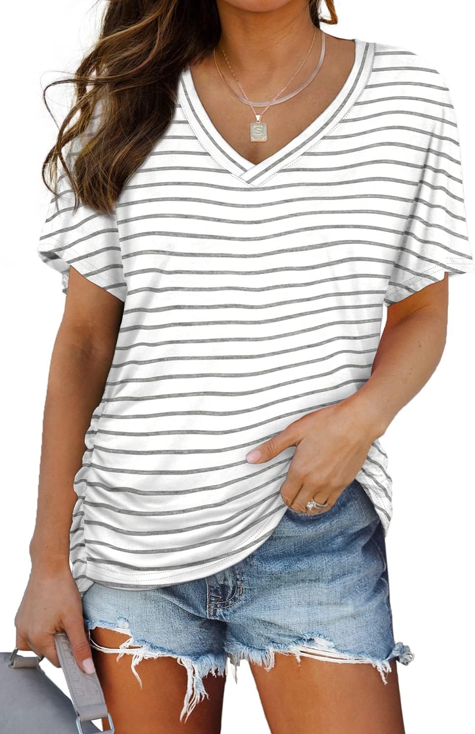 Women's Short Sleeve V Neck Dolman Tops with Side Shirring Loose Fit Shirts - Picture 95 of 138