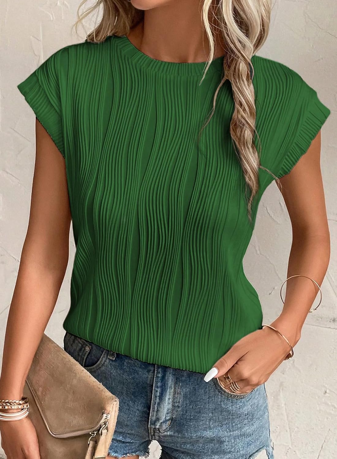 Camisetas básicas informales sueltas lisas tejidas cuello redondo texturizadas de manga corta para mujer - Imagen 95 de 122