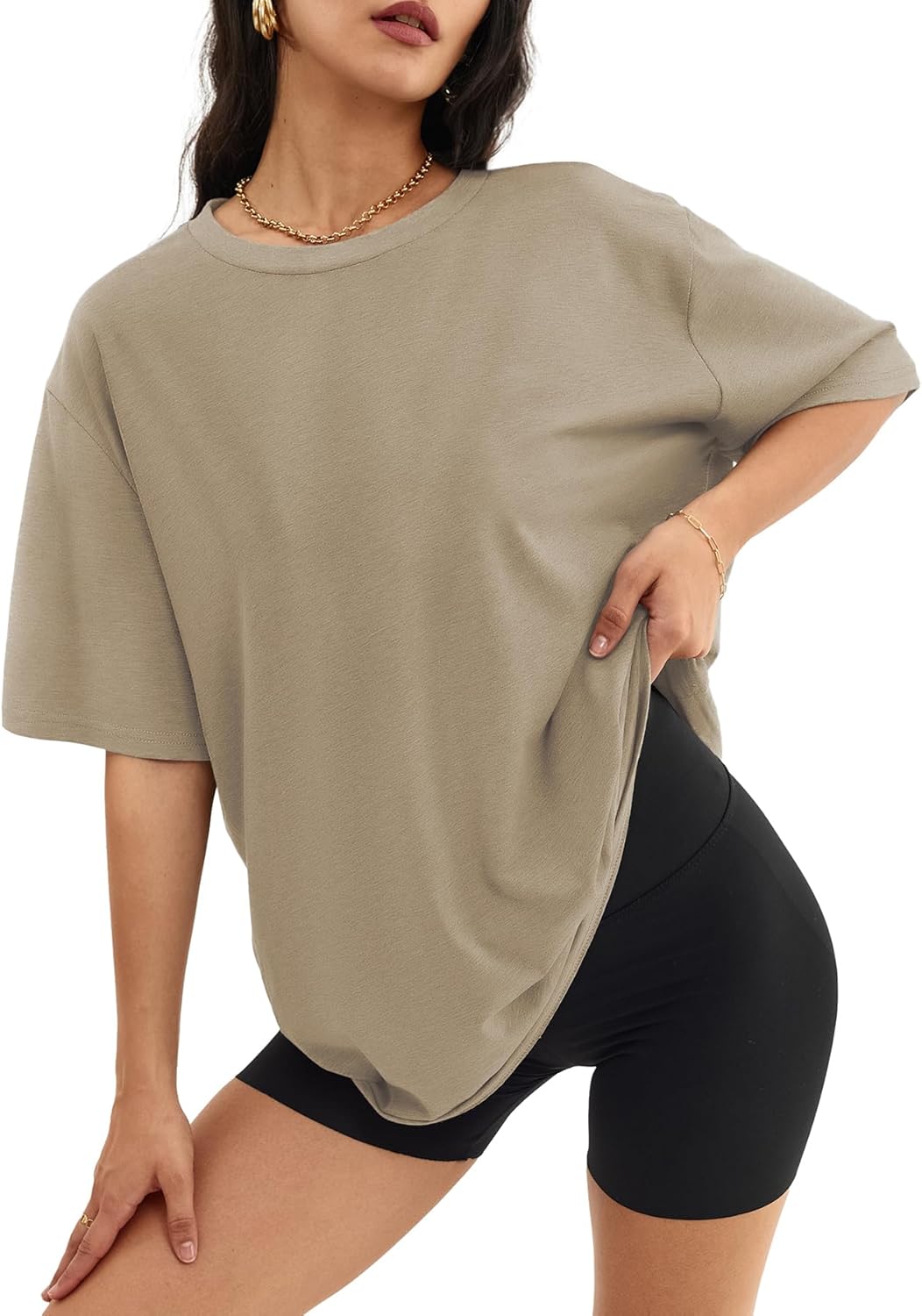 Womens Oversized Crewneck T-Shirts Loose Fit Short Sleeve Casual Tops for Summer - Picture 119 of 153