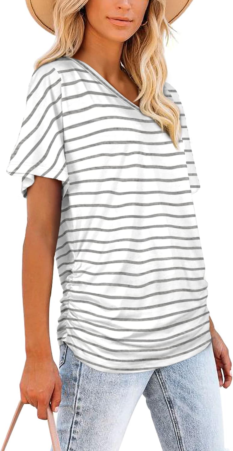 Women's Short Sleeve V Neck Dolman Tops with Side Shirring Loose Fit Shirts - Picture 97 of 138