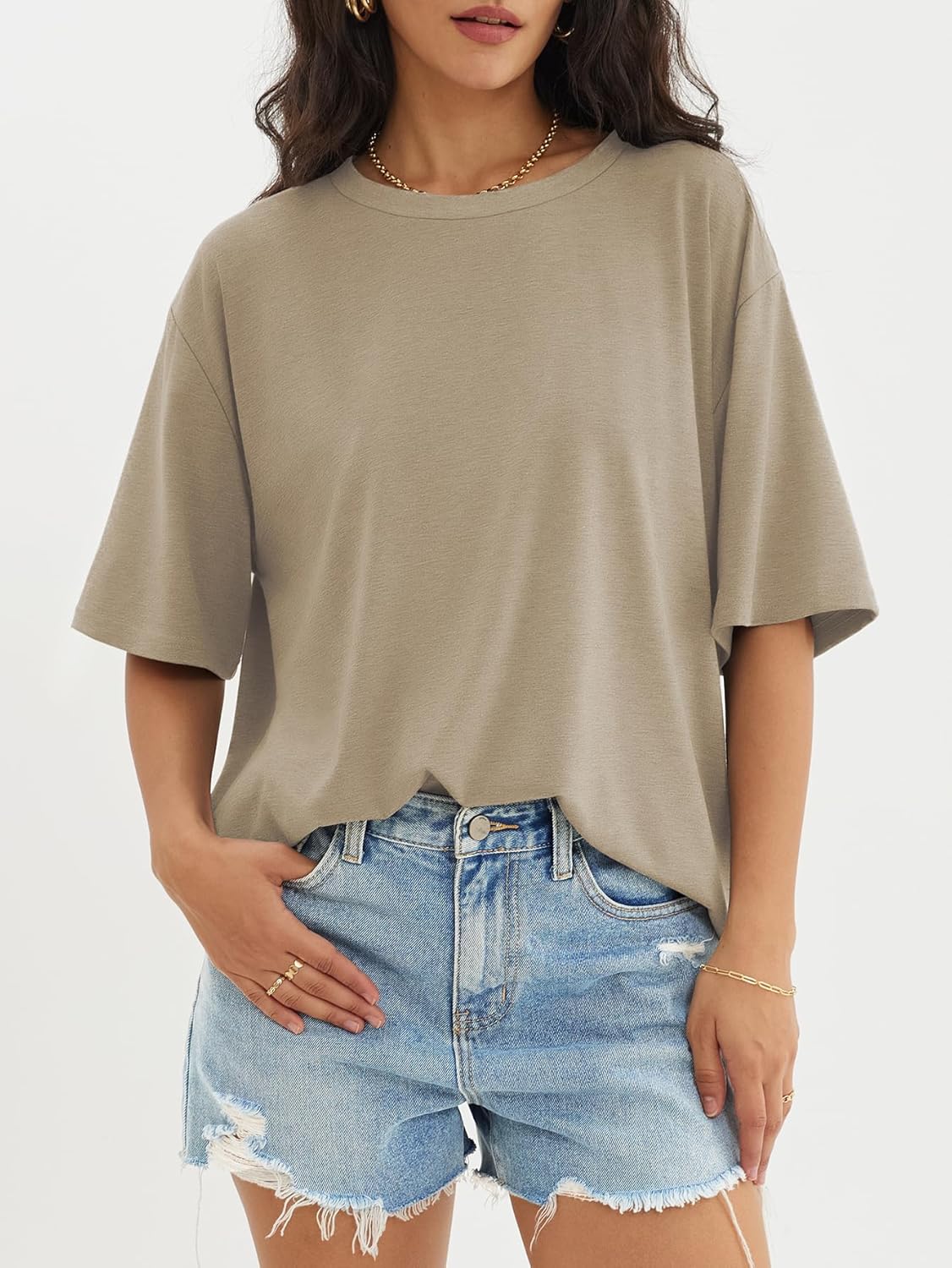 Womens Oversized Crewneck T-Shirts Loose Fit Short Sleeve Casual Tops for Summer - Picture 122 of 153