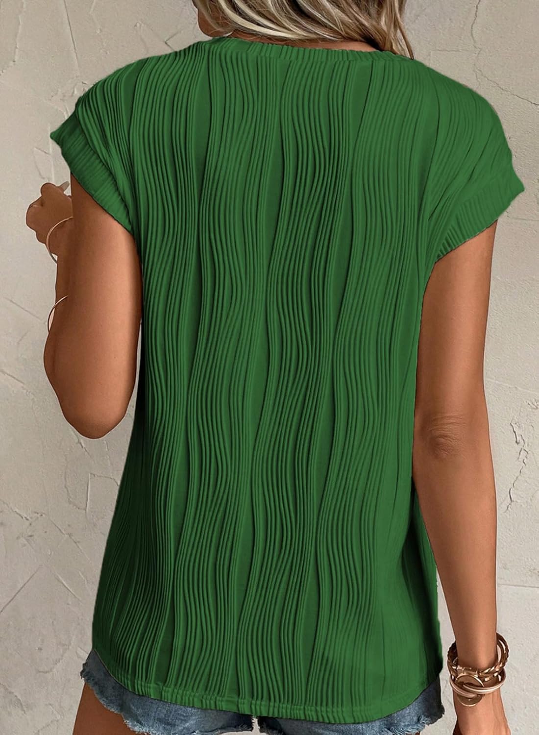Camisetas básicas informales sueltas lisas tejidas cuello redondo texturizadas de manga corta para mujer - Imagen 97 de 122