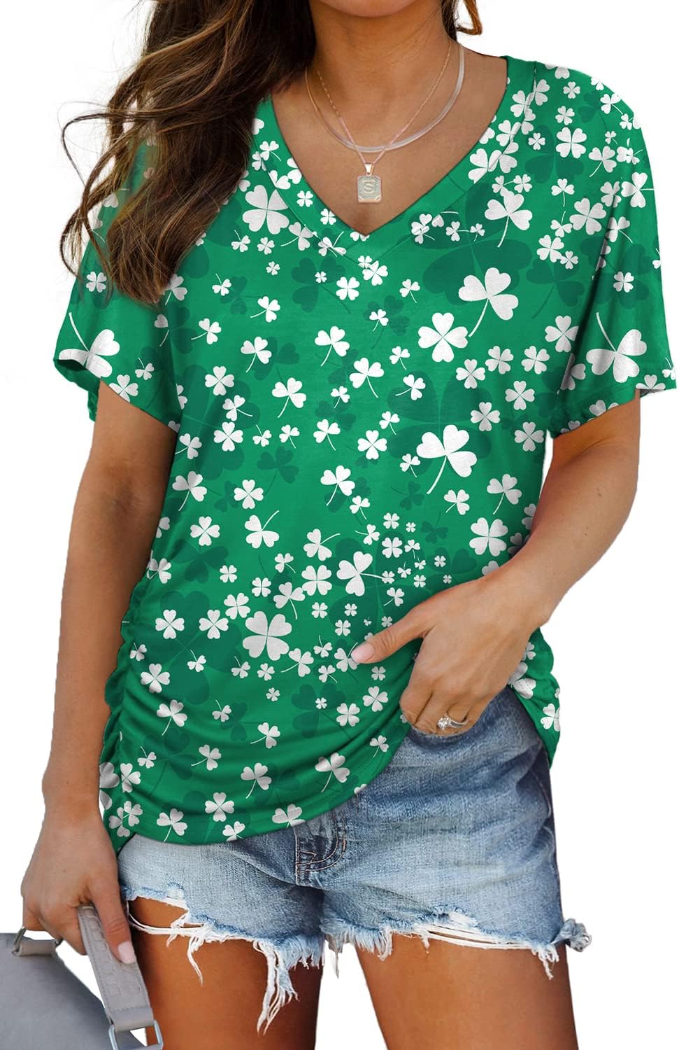 Women's Short Sleeve V Neck Dolman Tops with Side Shirring Loose Fit Shirts - Picture 99 of 138
