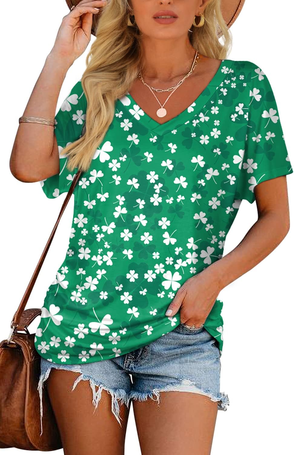 Women's Short Sleeve V Neck Dolman Tops with Side Shirring Loose Fit Shirts - Picture 100 of 138