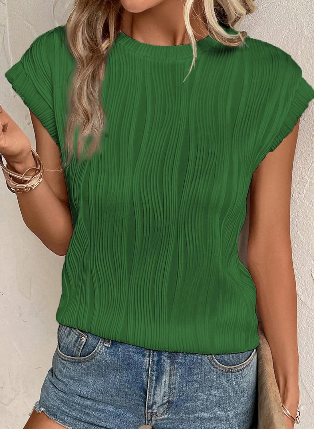 Camisetas básicas informales sueltas lisas tejidas cuello redondo texturizadas de manga corta para mujer - Imagen 98 de 122