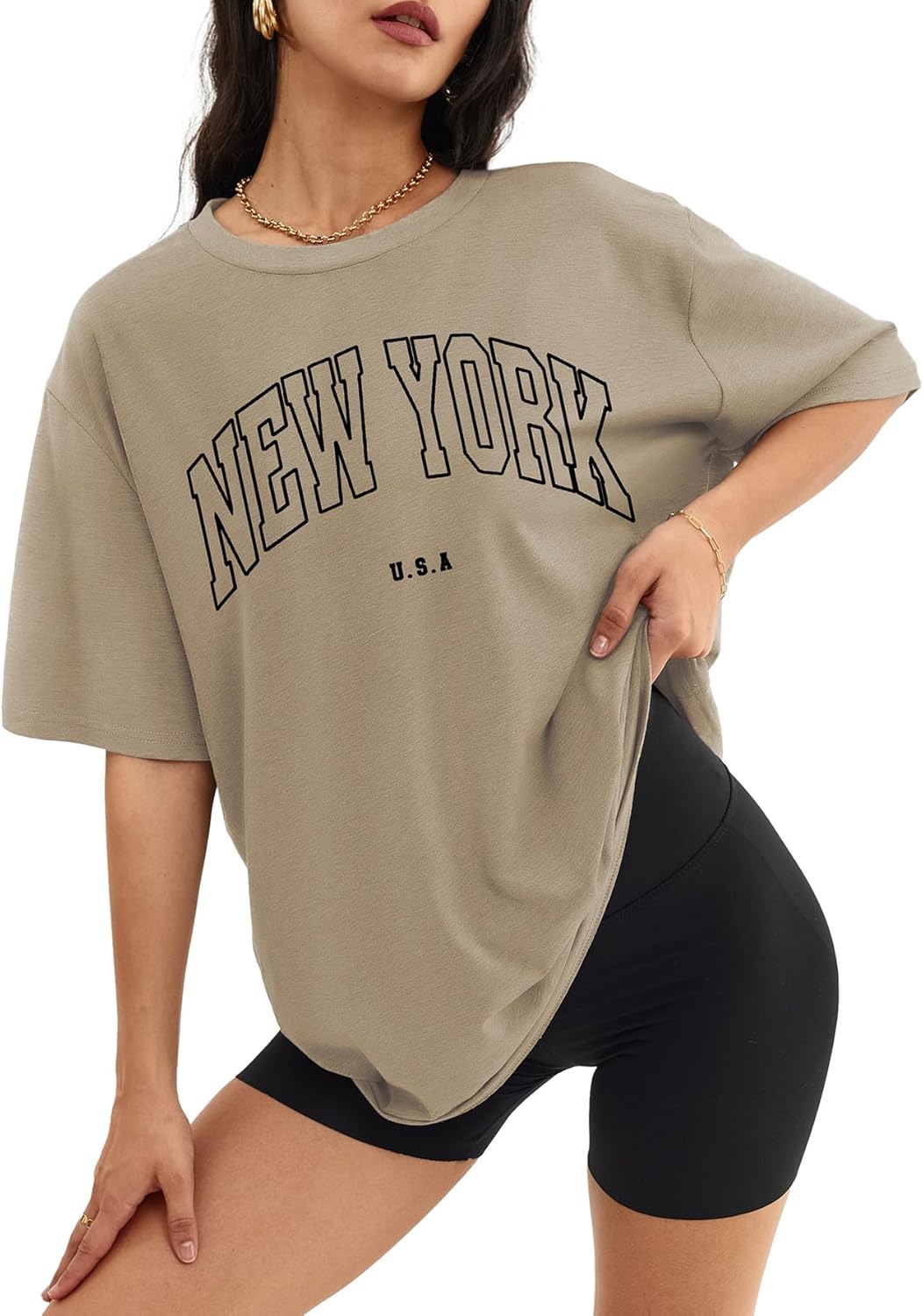 Womens Oversized Crewneck T-Shirts Loose Fit Short Sleeve Casual Tops for Summer - Picture 124 of 153