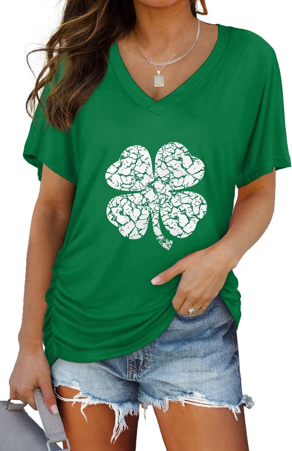 Women's Short Sleeve V Neck Dolman Tops with Side Shirring Loose Fit Shirts - Picture 103 of 138