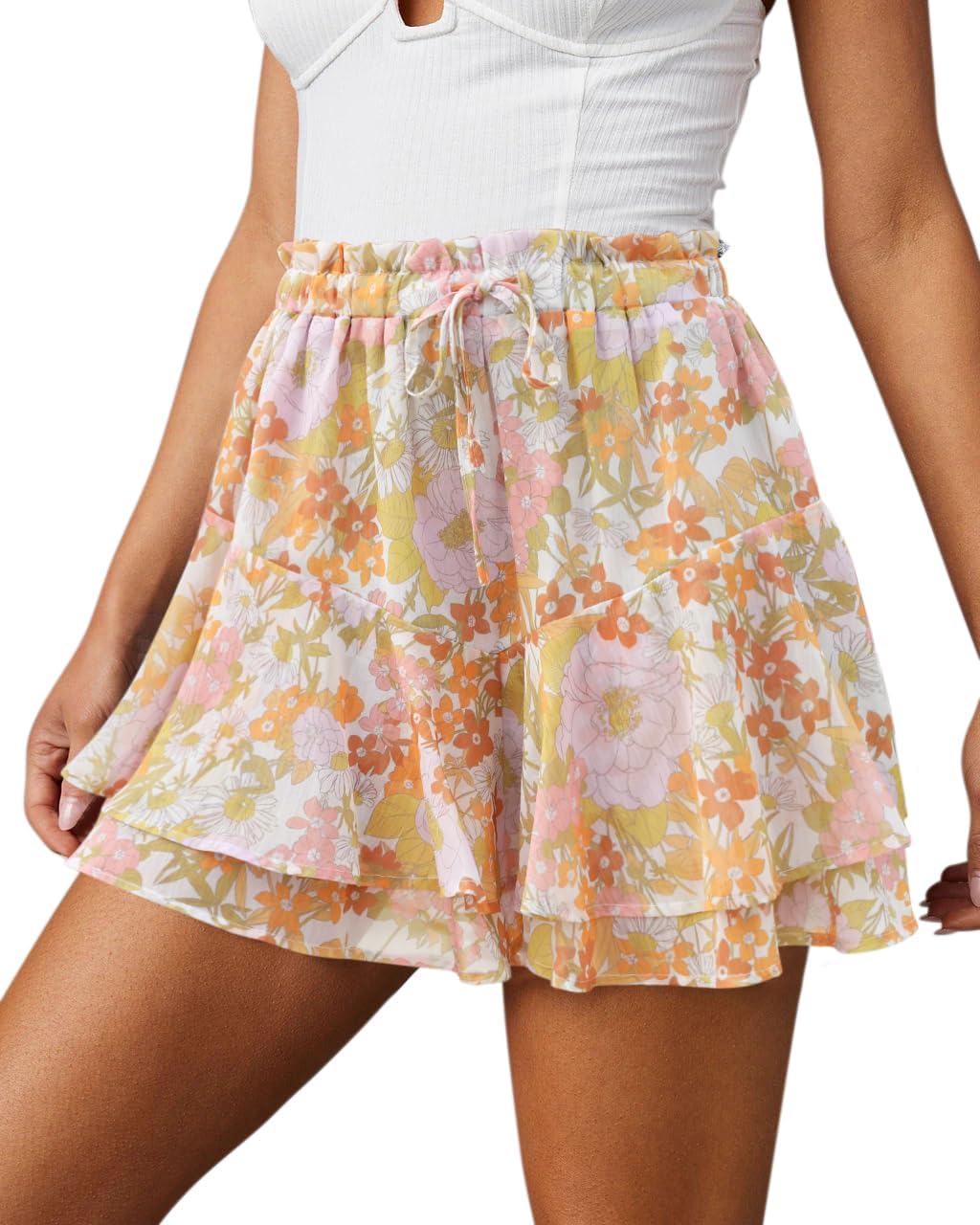 Women's Flowy Shorts Casual Boho Floral Ruffle Mini Skorts for Running Tennis - Picture 72 of 145